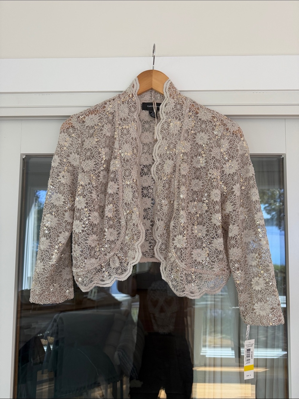 R&M Richards Sequined Lace Cropped Shrug - Champagne Beige